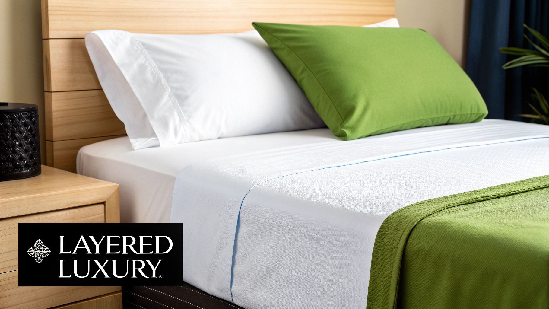 A perfectly made bed showing a crisp white fitted sheet, a folded-over flat sheet, and a comforter, creating a layered, luxurious look.