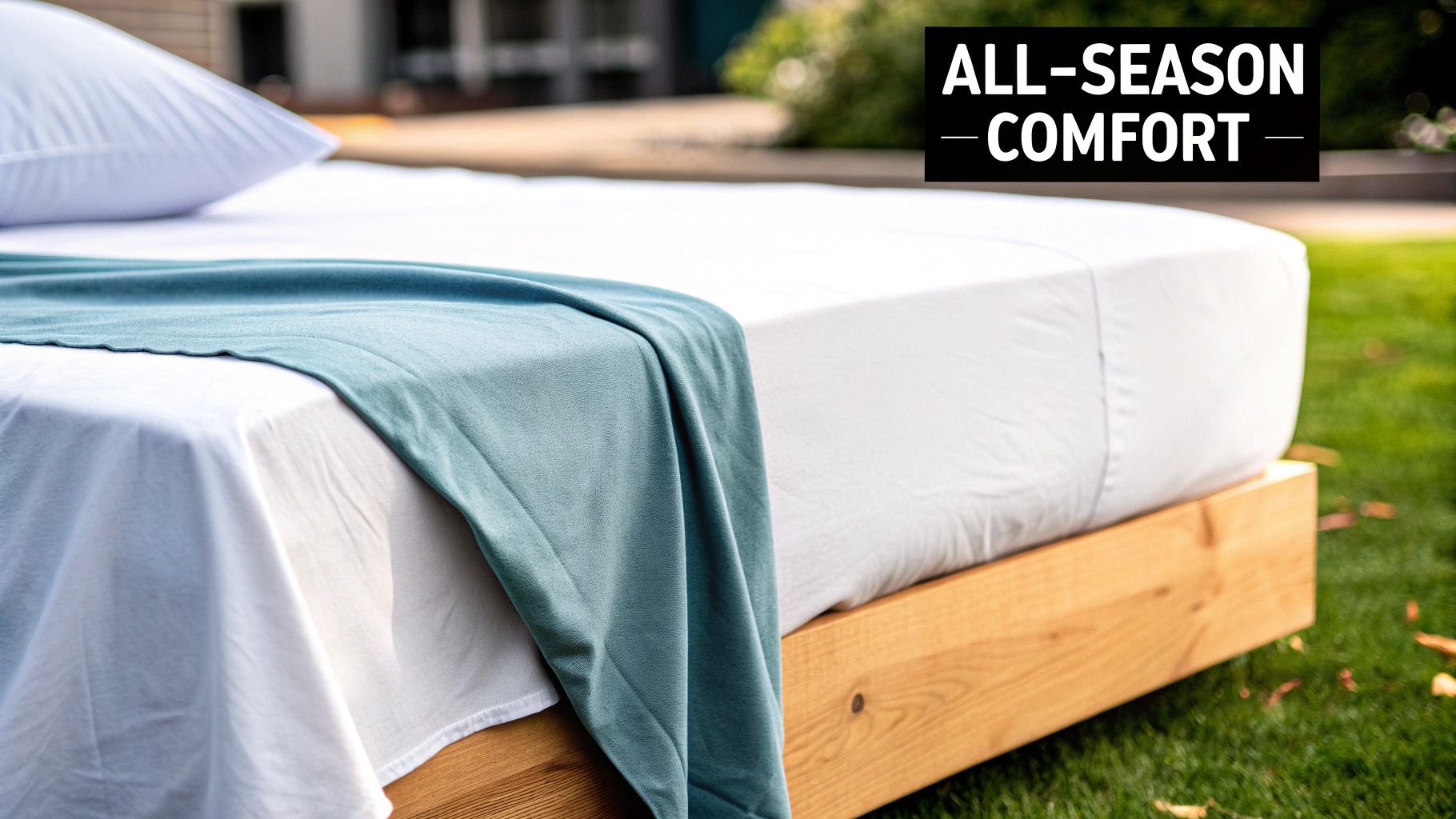 An outdoor bed with white cotton jersey knit sheets and a teal blanket on a wooden frame.