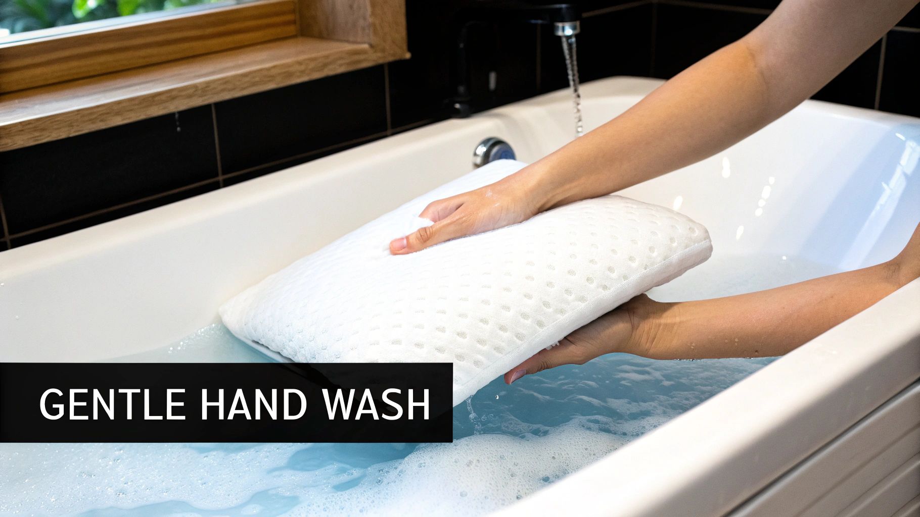 A person gently squeezing a memory foam pillow in a sink filled with soapy water.