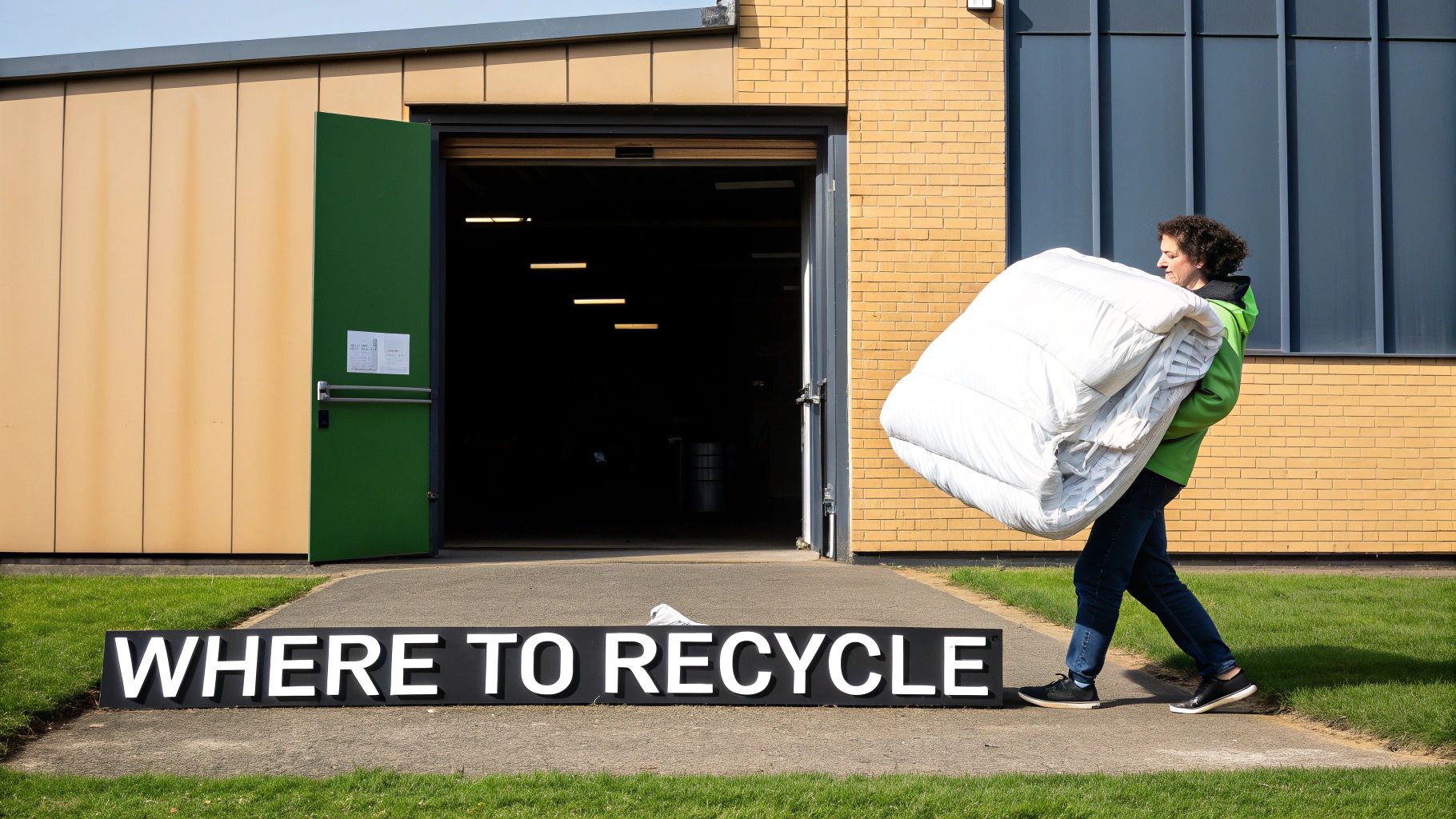 A person carries a large white duvet towards a building with a 'WHERE TO RECYCLE' sign.