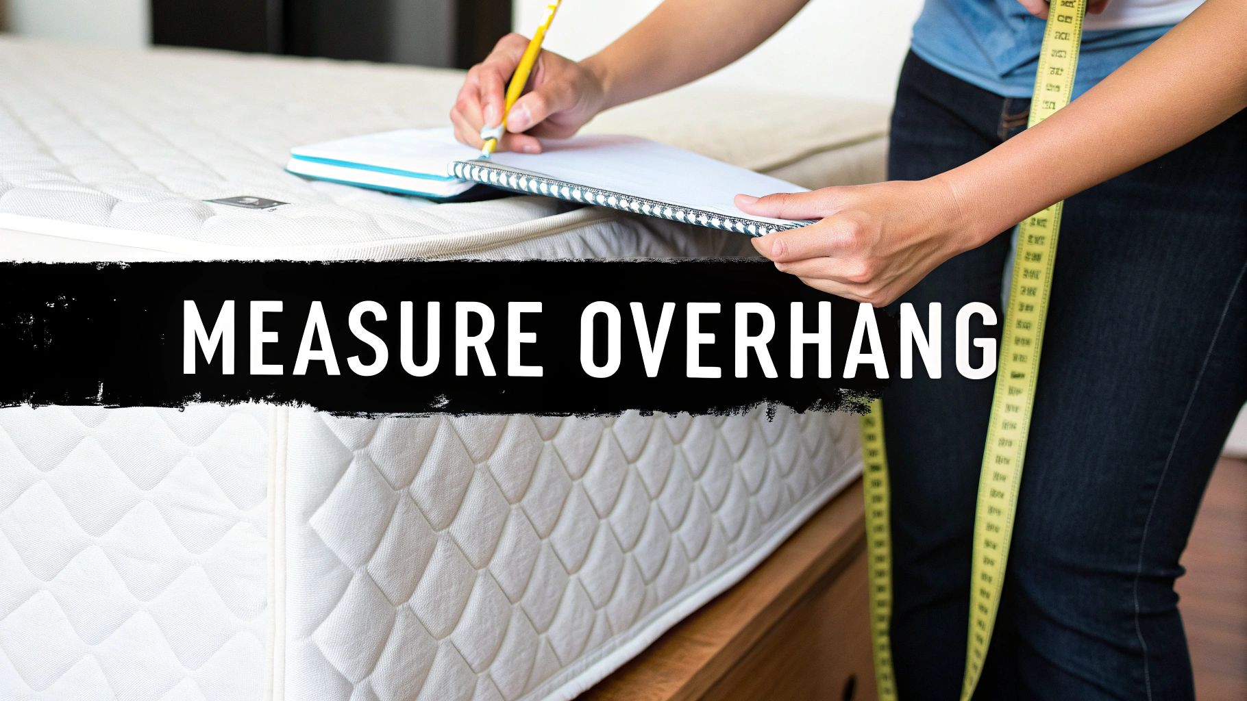 Person measuring a white mattress with a tape measure and writing notes, text reads 'MEASURE OVERHANG'.