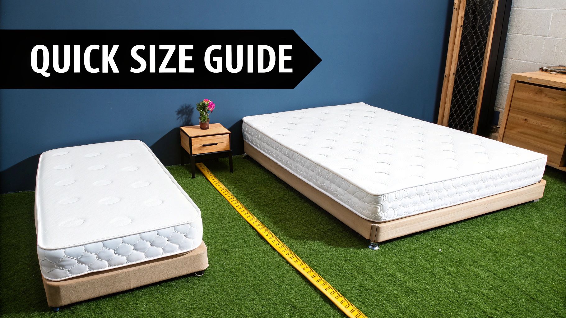 Two white mattresses of different sizes with a long yellow measuring tape between them on green turf, illustrating a quick size guide.