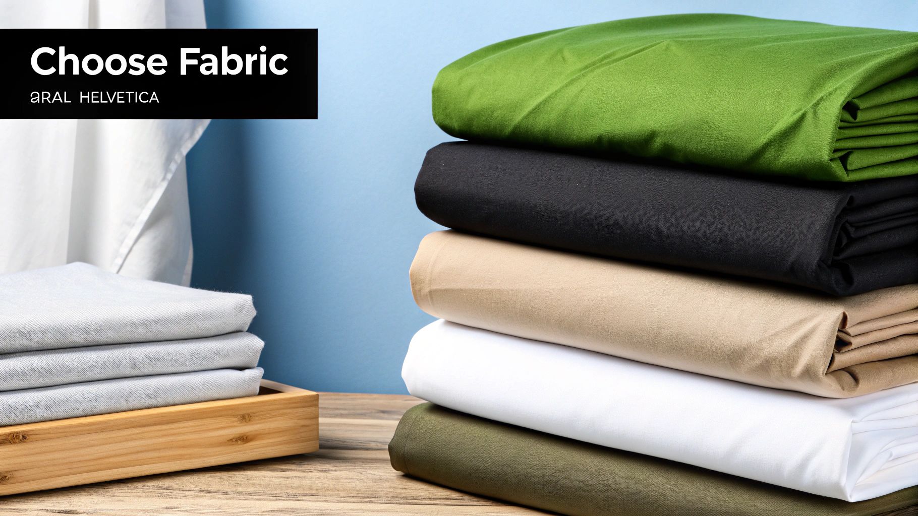 Stacks of colorful folded fabrics in green, black, beige, white, and grey, neatly arranged on a wooden surface.