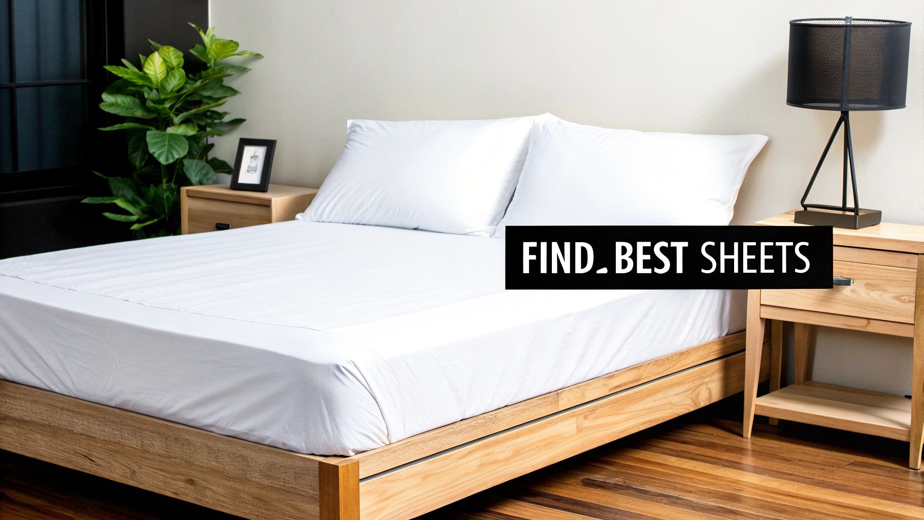 Bright bedroom featuring a bed with crisp white sheets, two pillows, and wooden nightstands.