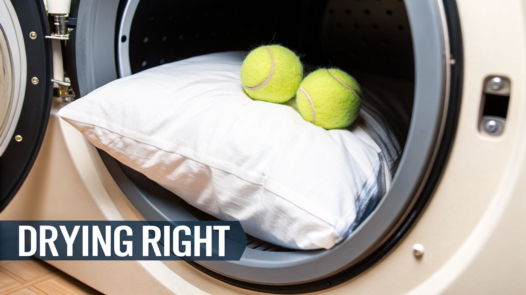 A white pillow and two tennis balls are inside a dryer, demonstrating a method for proper drying.