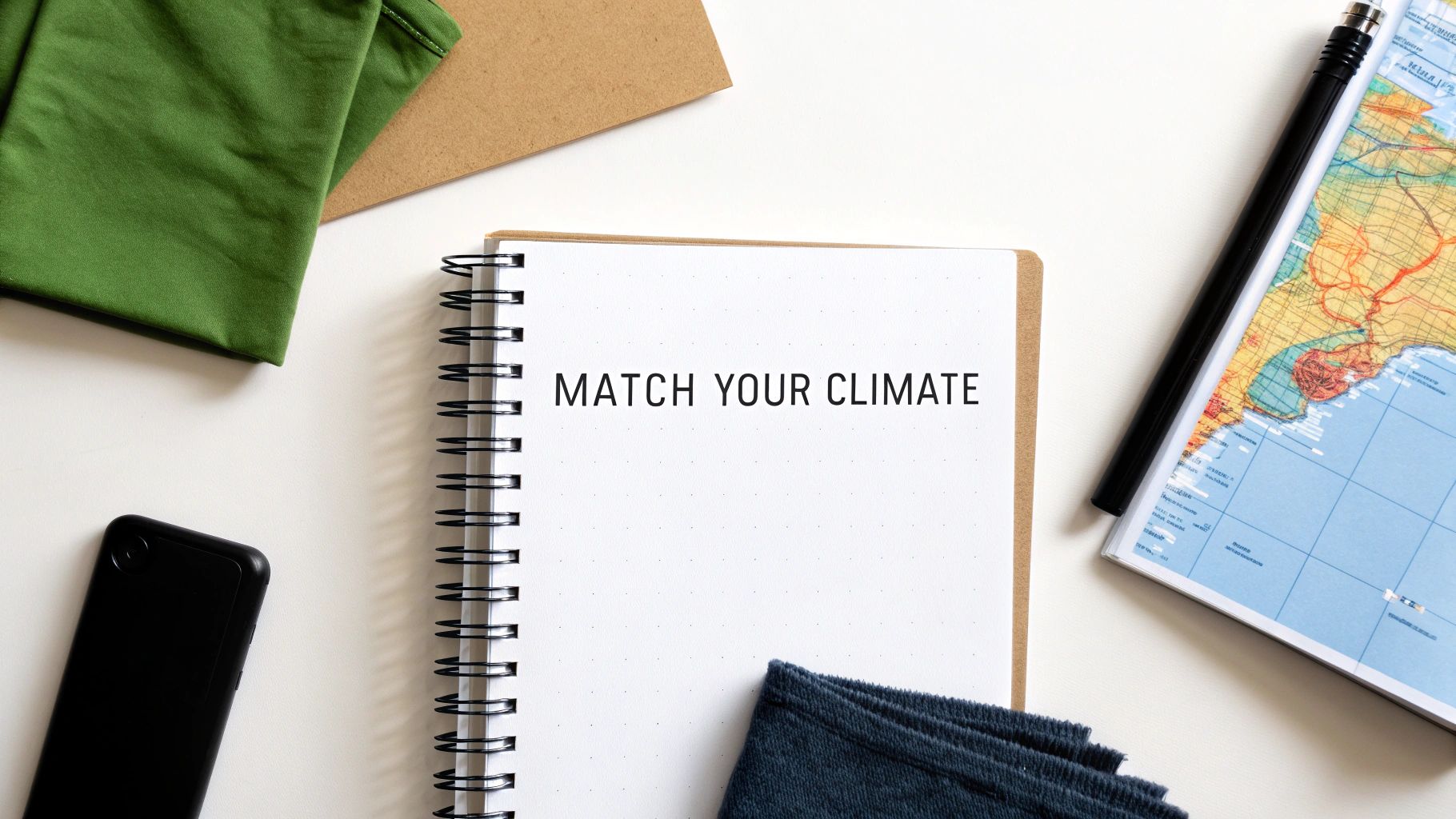 A flat lay of a notebook with 'MATCH YOUR CLIMATE' text, green fabric, phone, pen, and map.