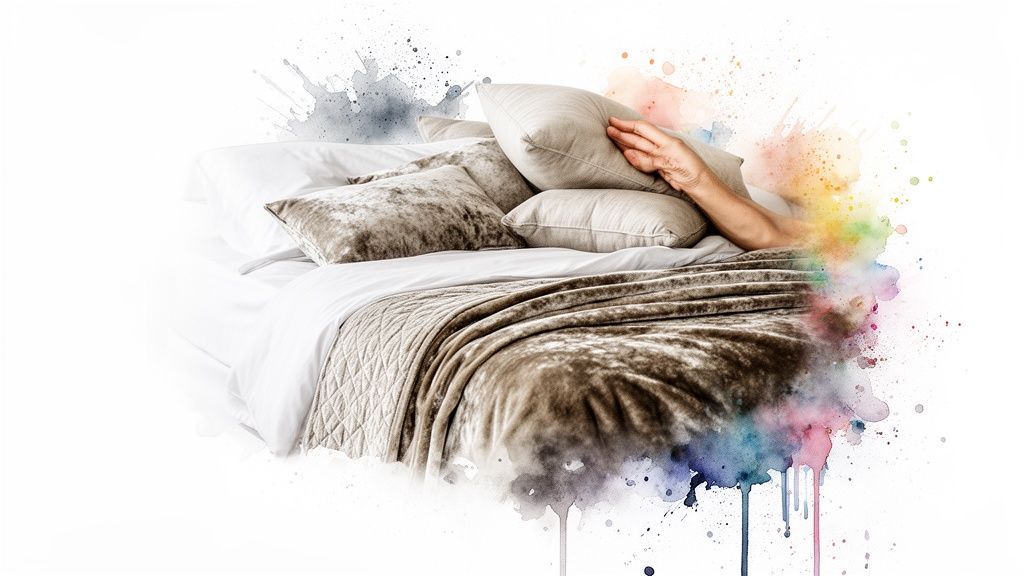 A cozy bed with soft pillows and a person's hand, surrounded by artistic watercolor splashes.
