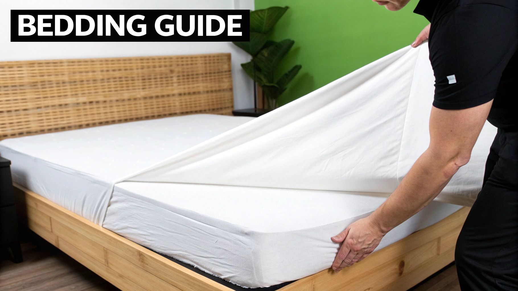 A person is fitting a white sheet onto a mattress on a wooden bed, illustrating a bedding guide.