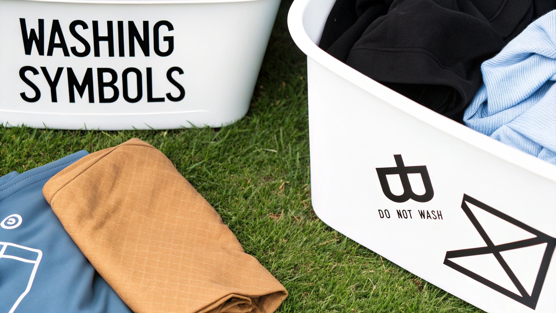 White laundry bins labeled 'WASHING SYMBOLS' and 'DO NOT WASH' with clothes, on green grass.