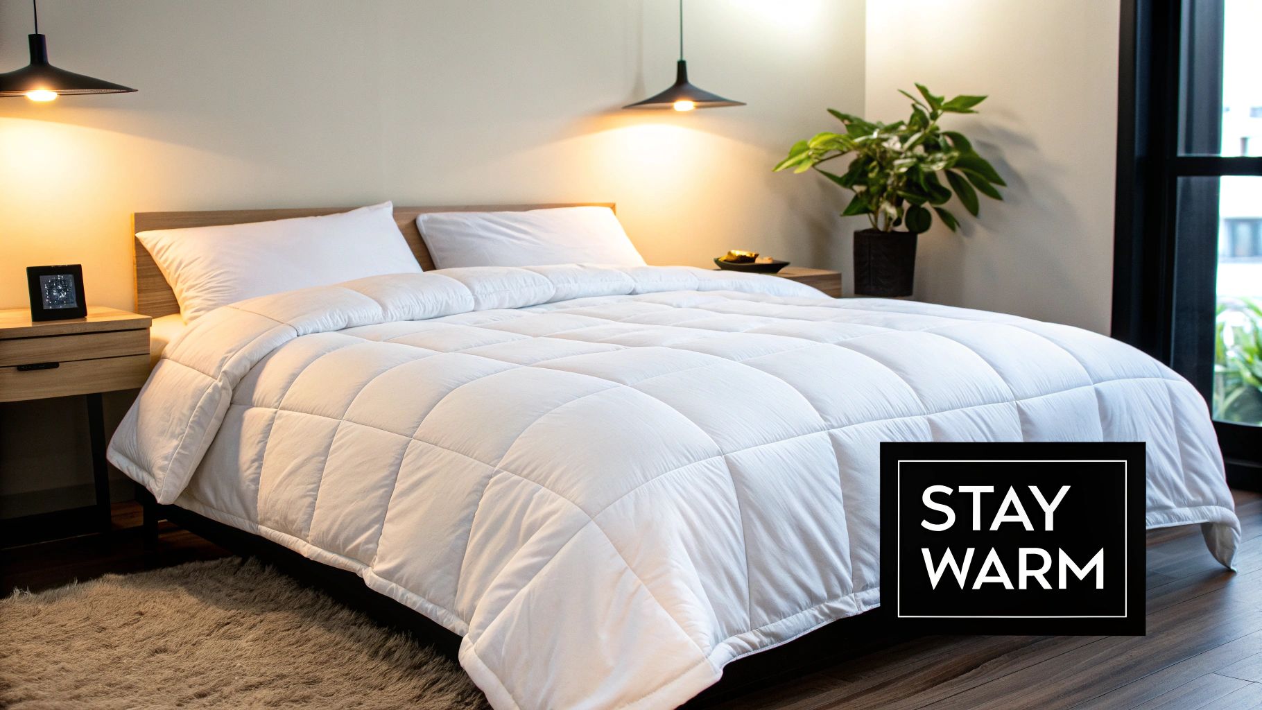 A cozy bedroom scene featuring a bed with a fluffy white comforter and pillows, illuminated by warm lamps.