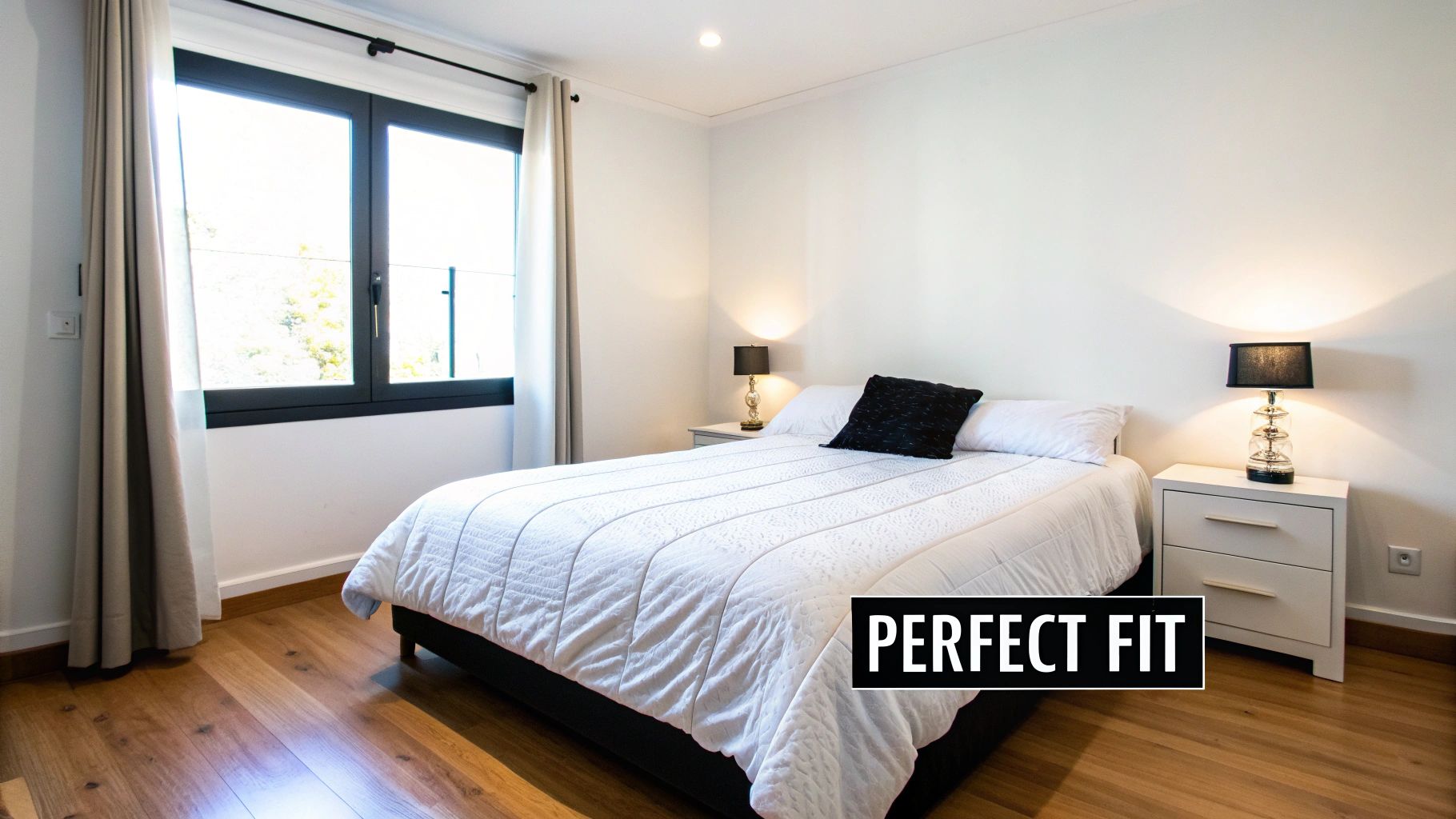 A bright, modern bedroom with a queen bed, white duvet, black pillows, and two bedside lamps.