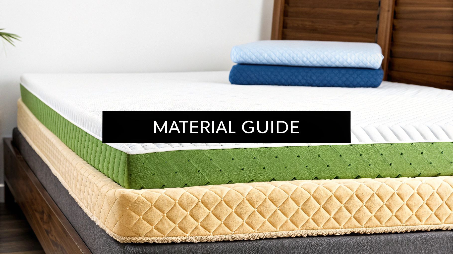 A close-up view of a stack of three mattress layers in white, green, and beige, with 'MATERIAL GUIDE' text overlay.