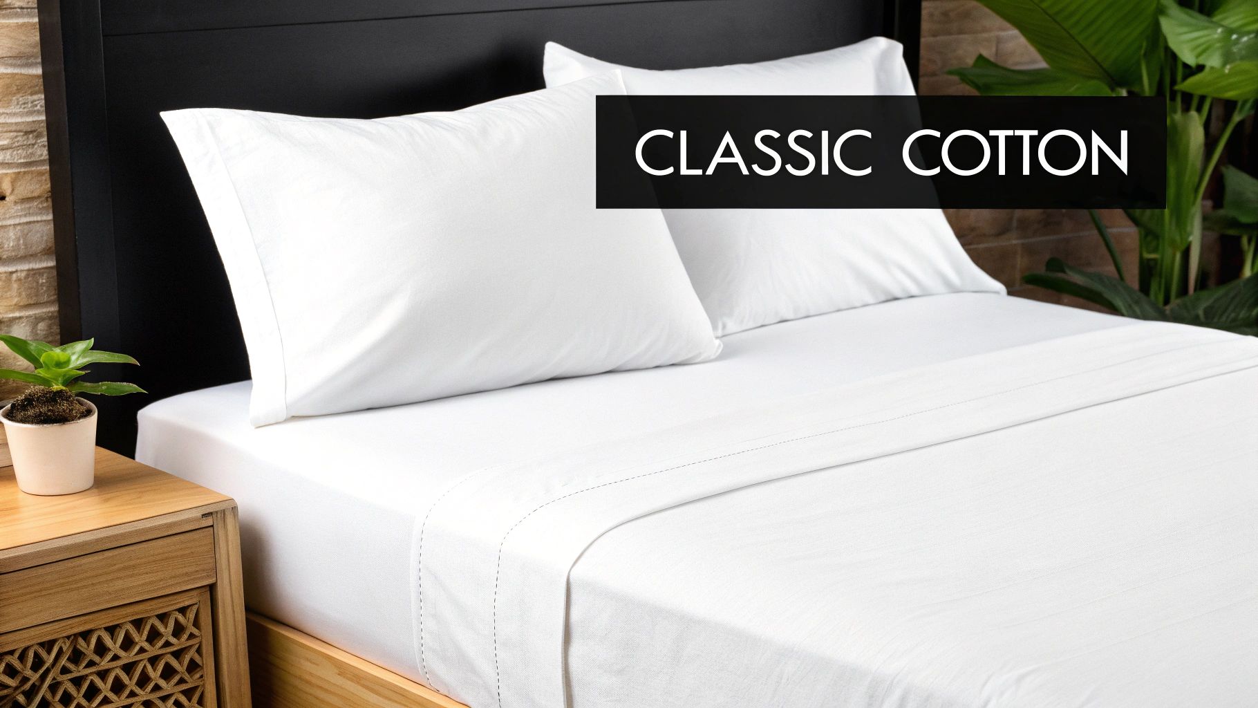 A freshly made bed with crisp white classic cotton sheets, two pillows, and a wooden nightstand with a small plant.