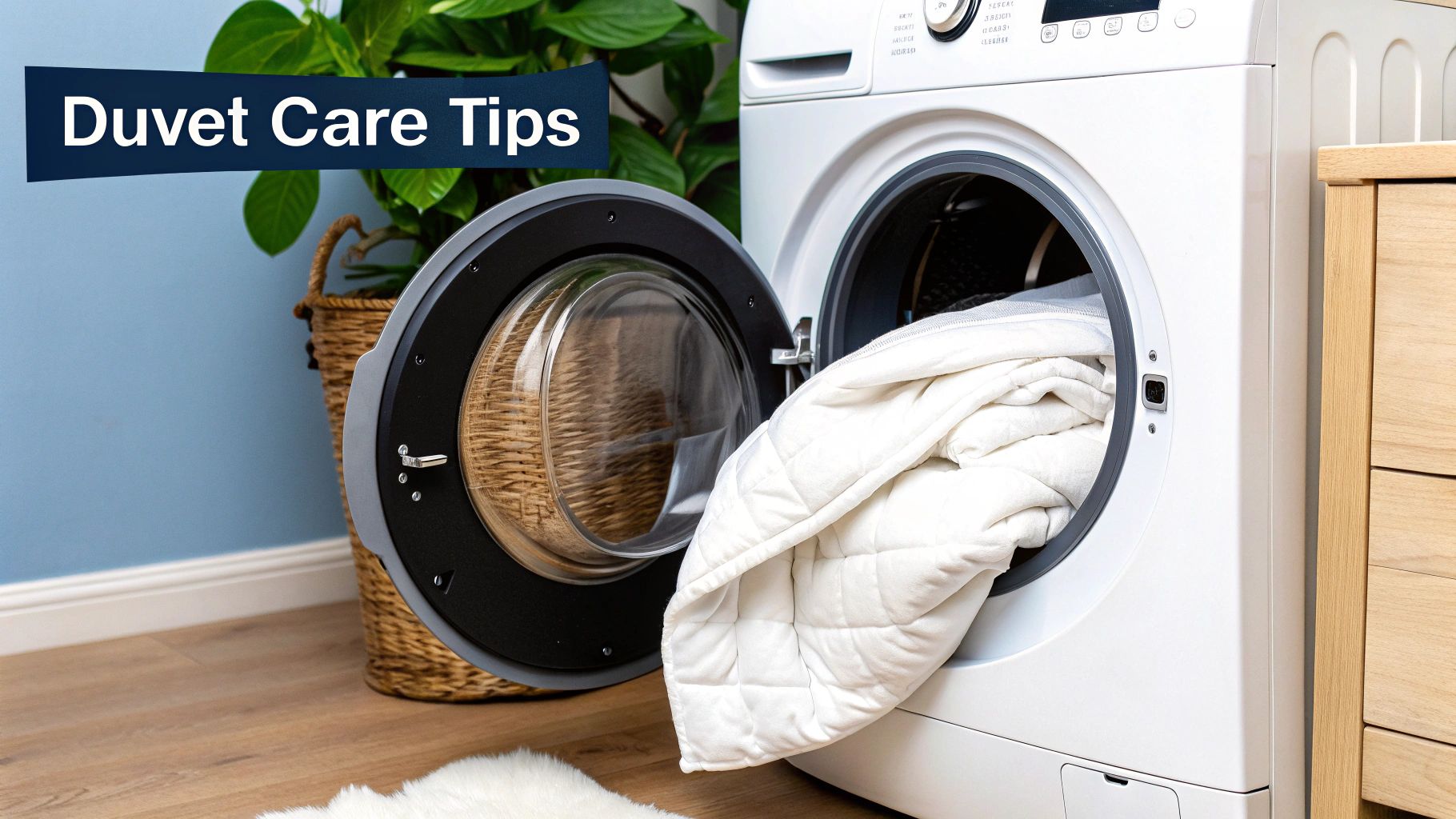 A person neatly folding a clean, white summer duvet on a bed.