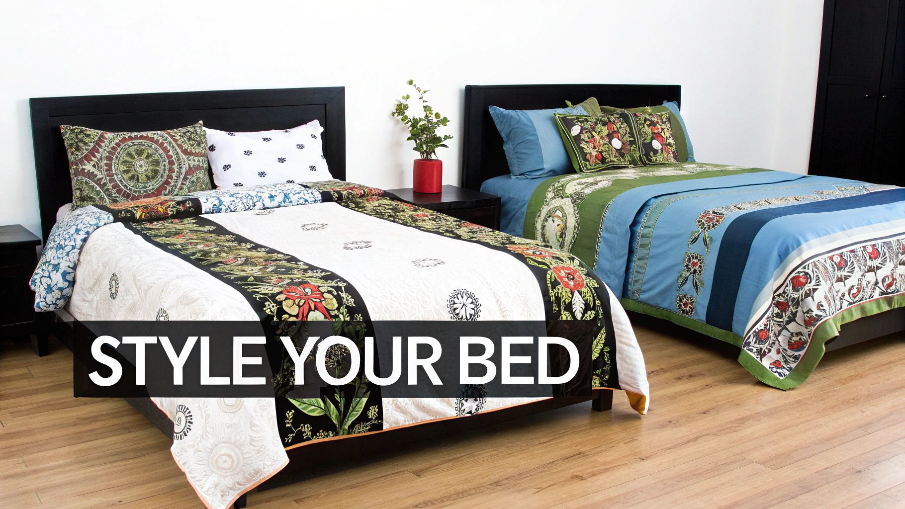 Two beds beautifully adorned with diverse patterned bedding, including floral and geometric designs.