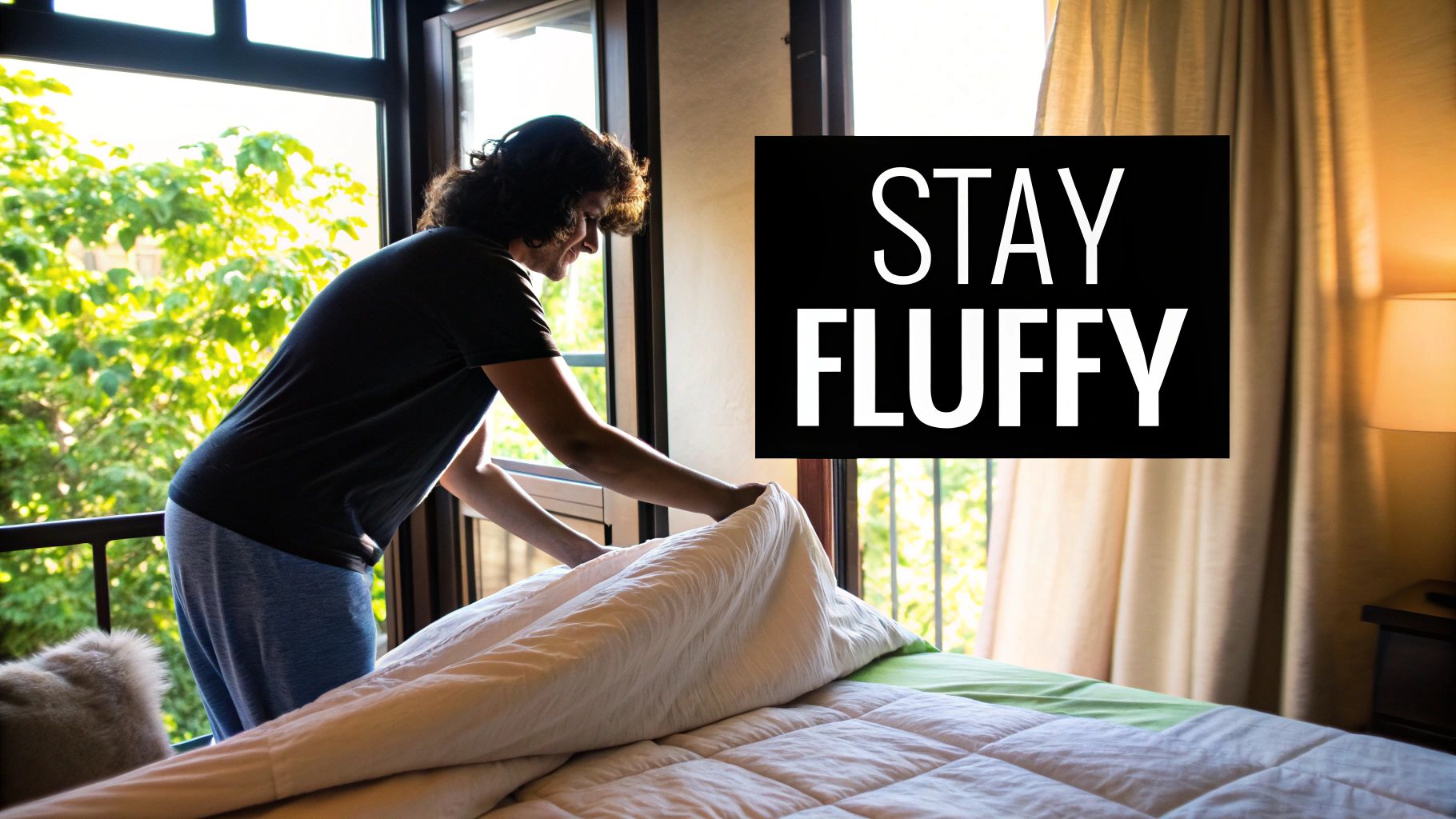 A person fluffing a large, clean white comforter on a bed in a bright, airy room.