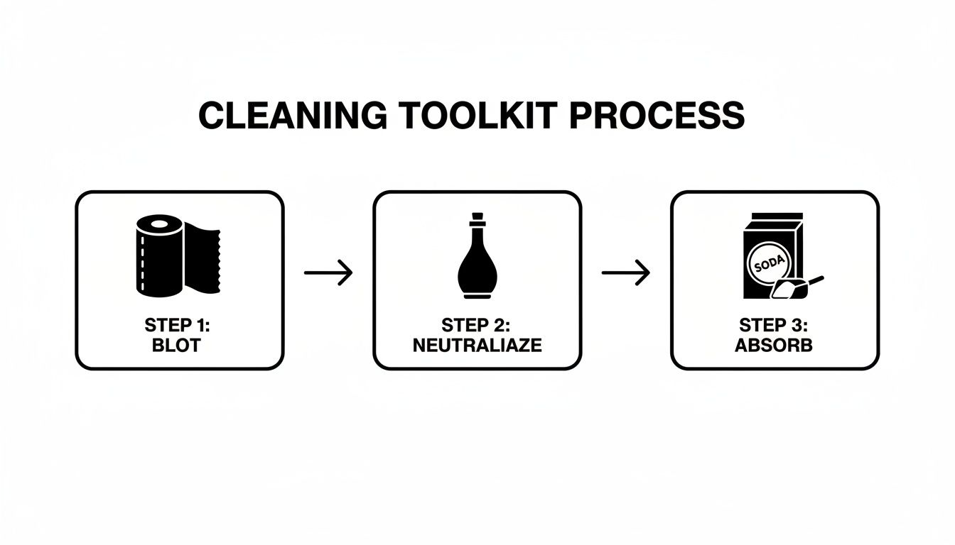 Infographic illustrating a 3-step cleaning process: blot with paper towel, neutralize with liquid, and absorb with baking soda.