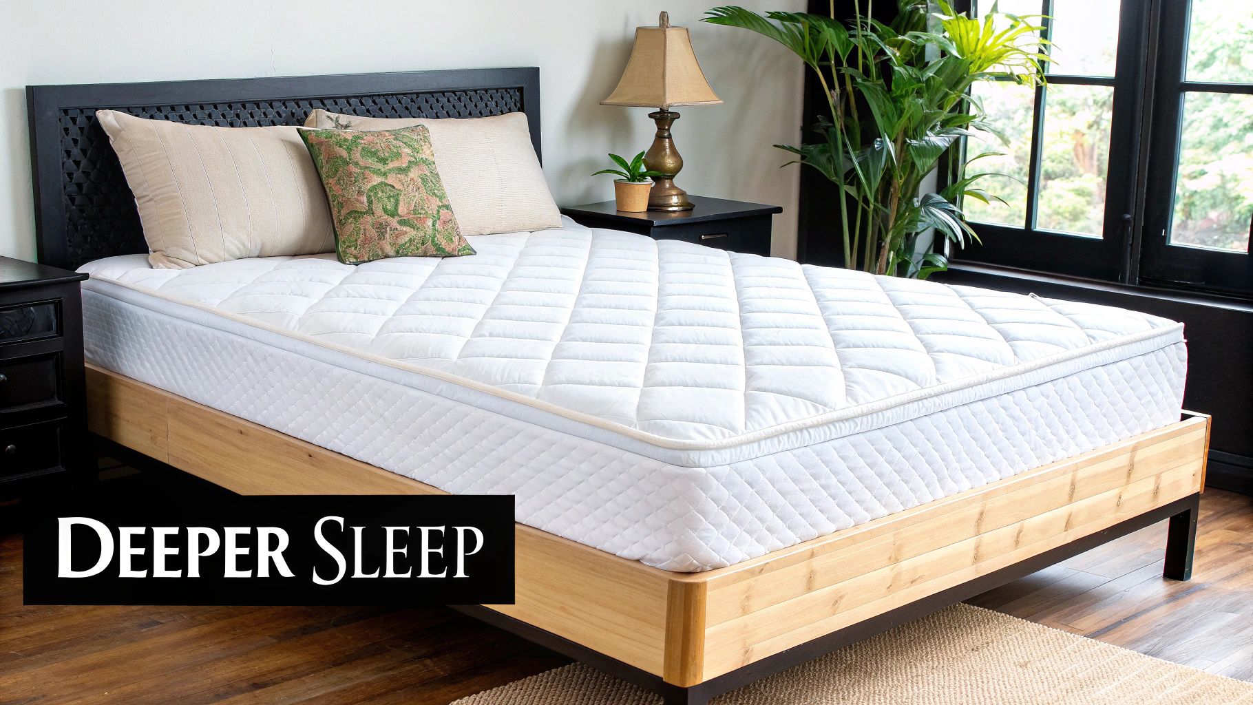 A comfortable bed featuring a white mattress, soft topper, and decorative pillows on a wooden frame.