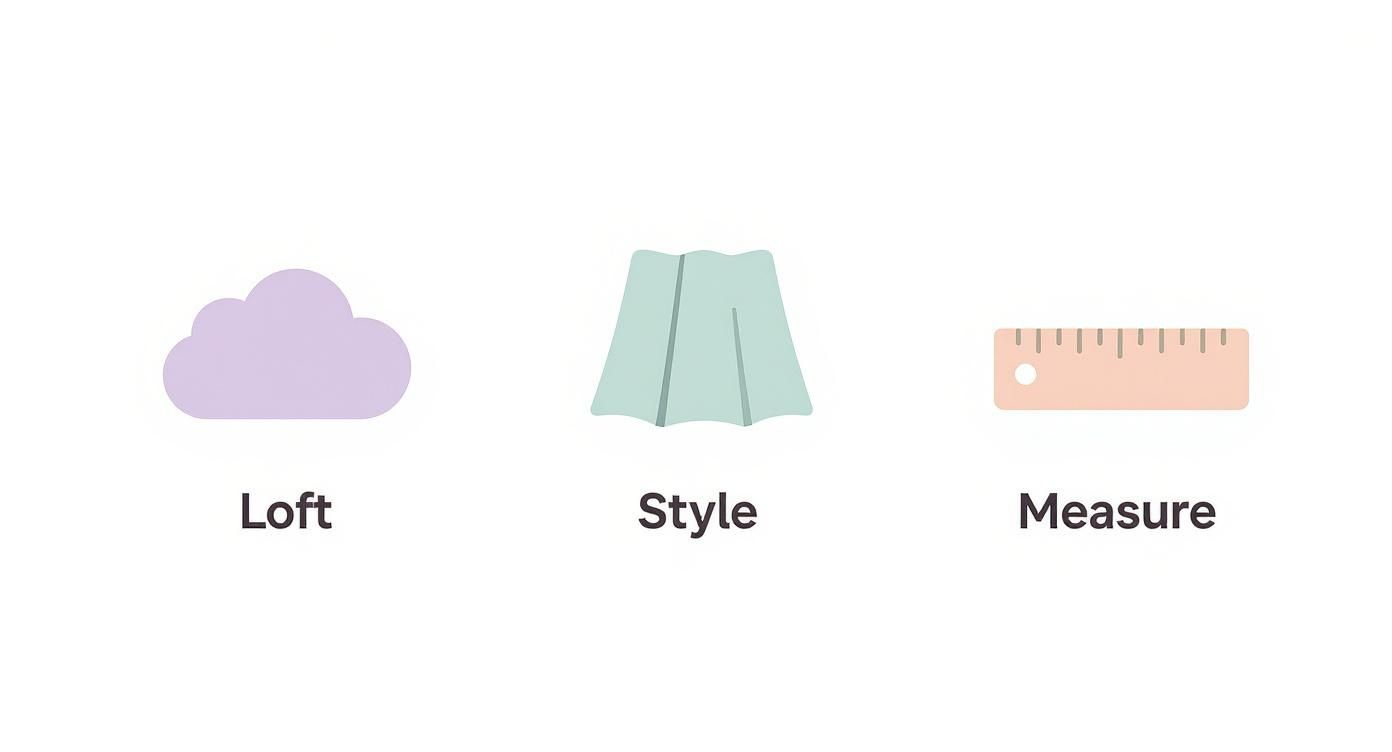 Three icons representing design concepts: a cloud for 'Loft', a skirt for 'Style', and a ruler for 'Measure'.