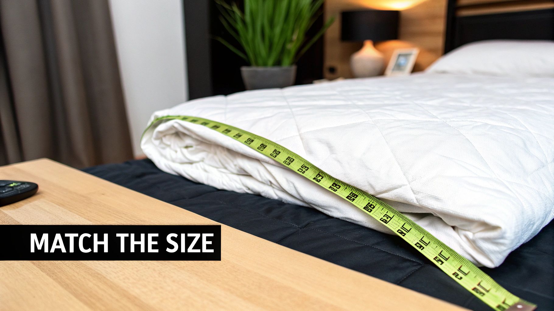Green tape measure across a white quilted comforter on a bed, emphasizing size matching.