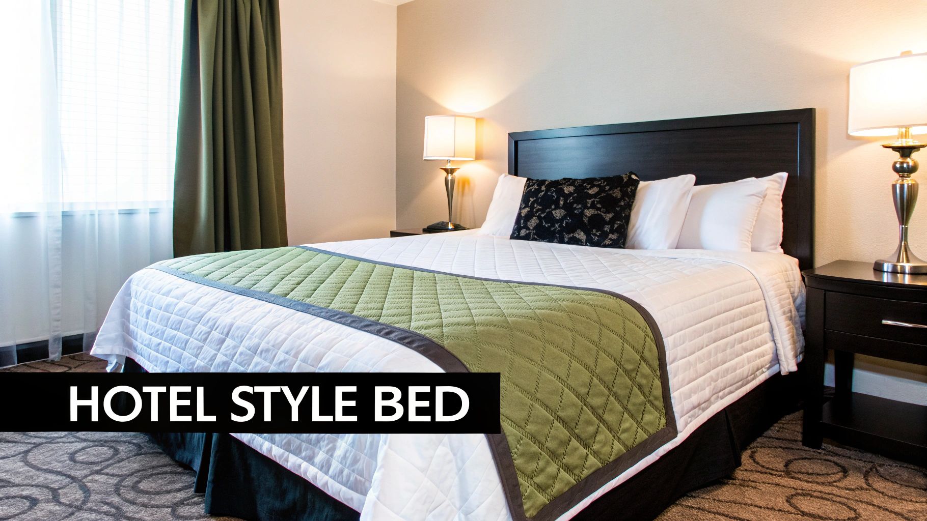 A hotel-style queen size bed with white quilt, green runner, dark headboard, and bedside lamps.