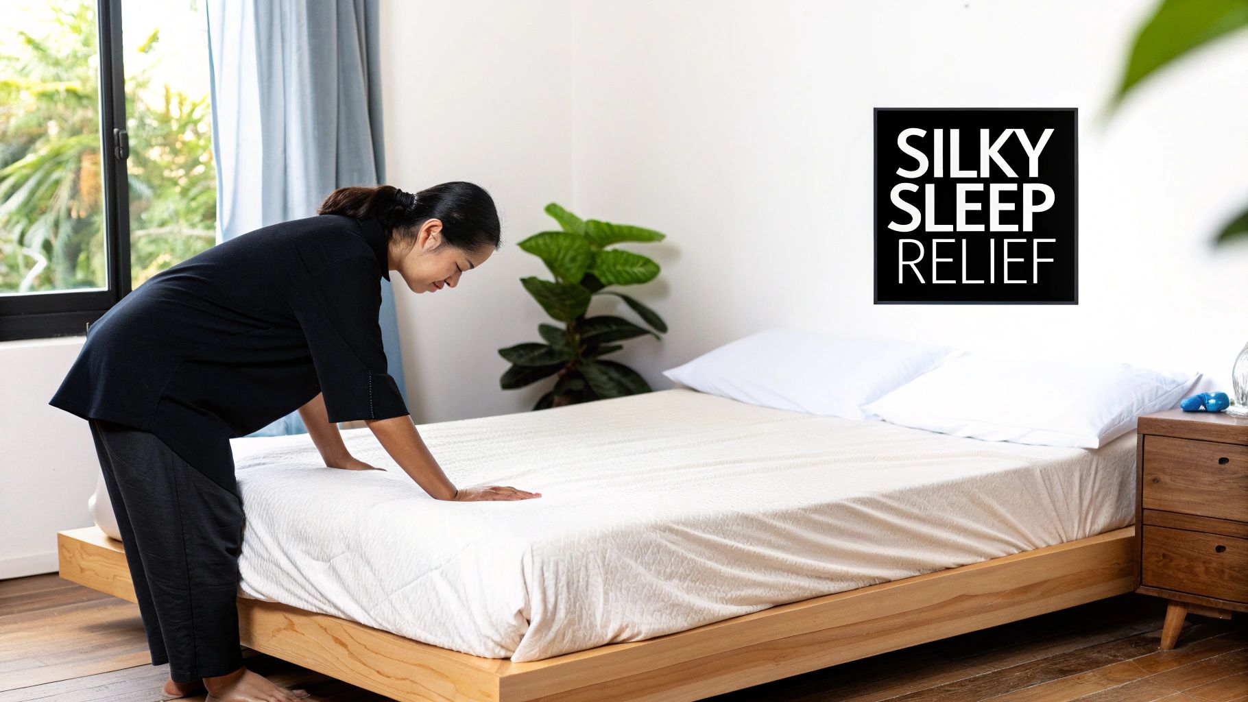 A neatly made bed with soft, grey bamboo sheets and pillows, suggesting comfort and luxury.