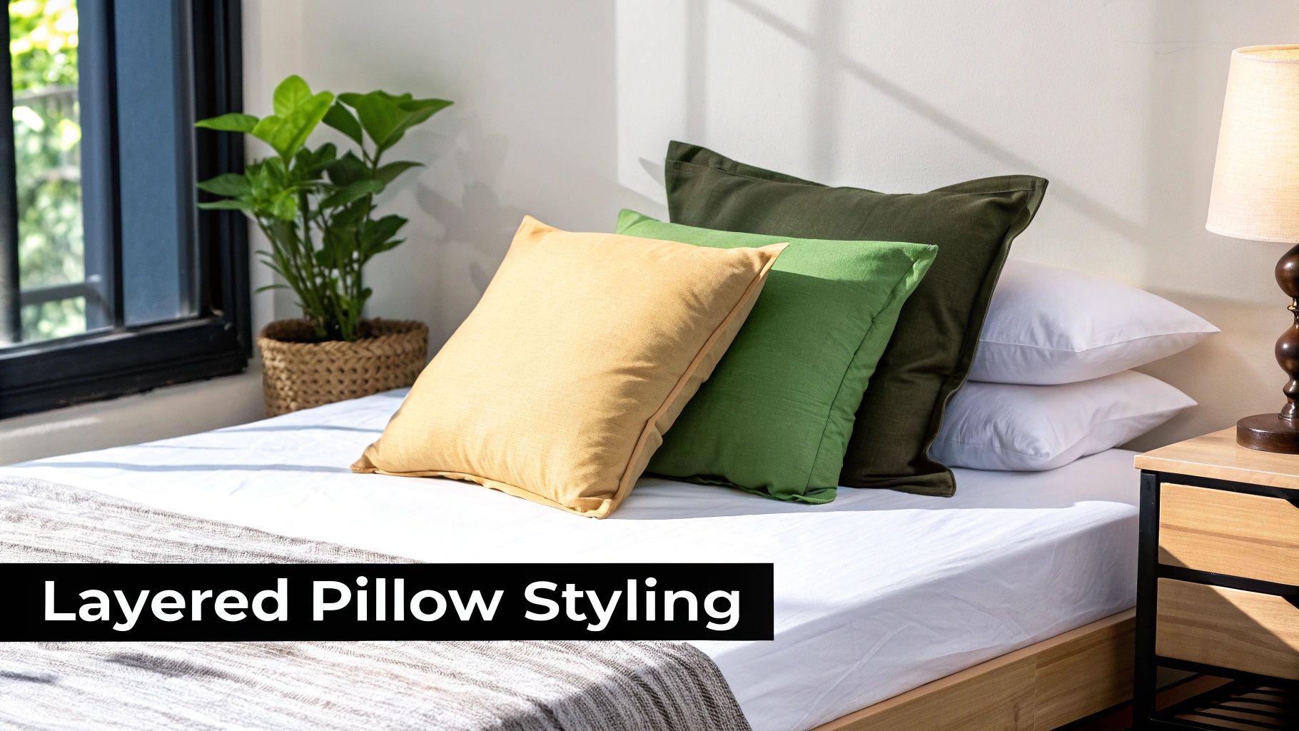 A cozy bedroom scene featuring a bed with layered pillows in yellow, green, and white shades.