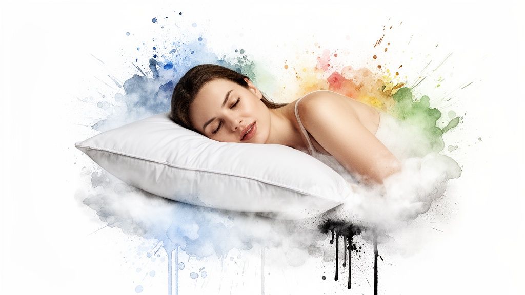 A serene woman sleeps peacefully on a soft white pillow amidst colorful watercolor splashes and ethereal clouds.