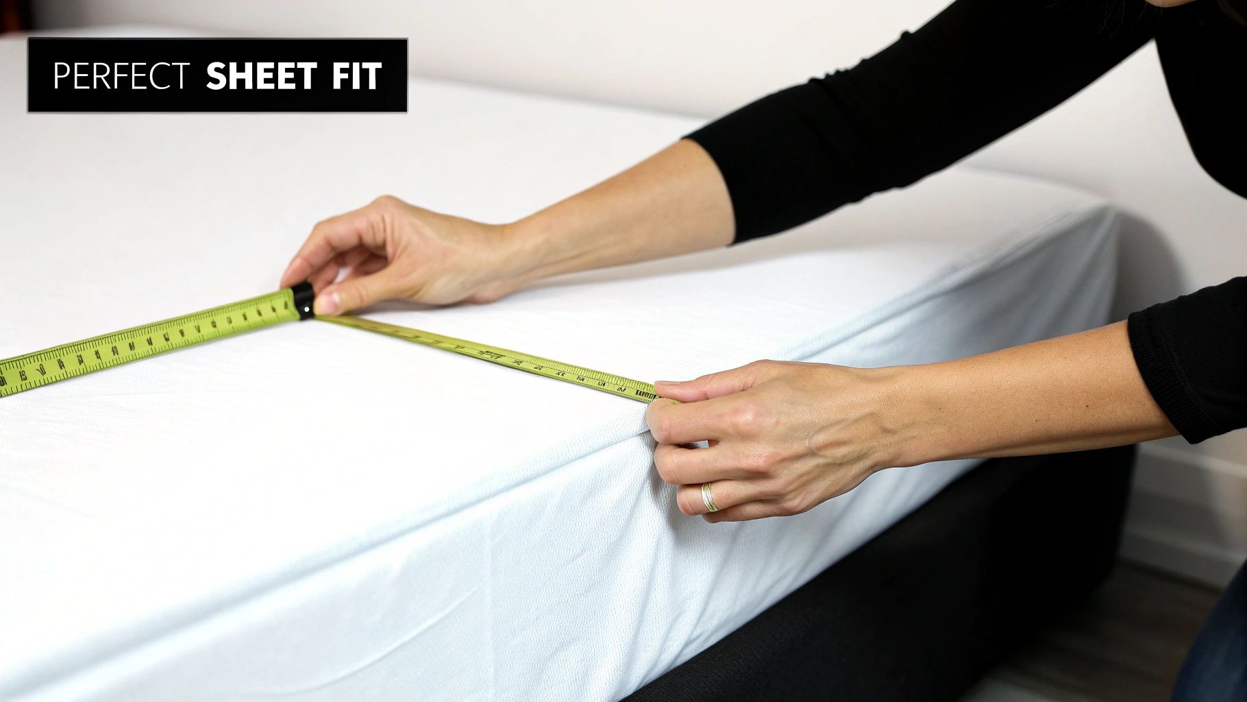A person measuring the depth of a mattress with a tape measure to find the right sheet size.