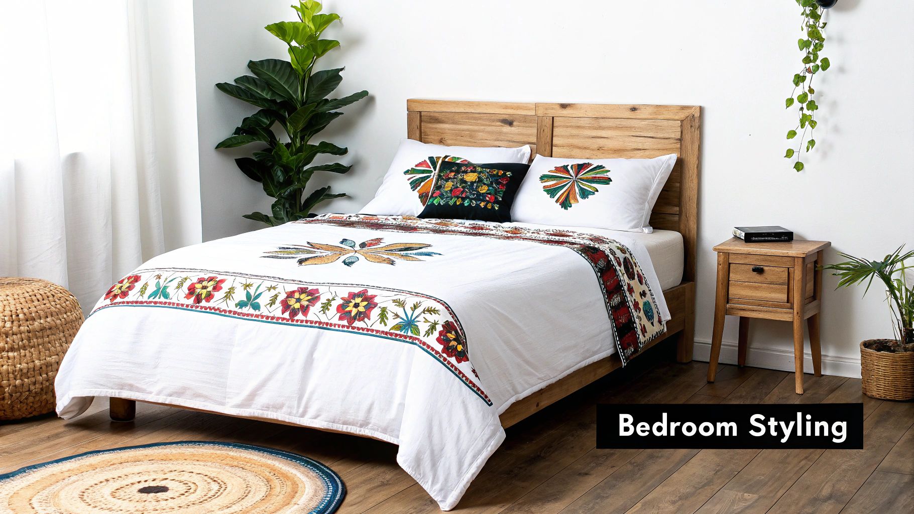 A stylish bedroom featuring an embroidered duvet cover as the focal point.