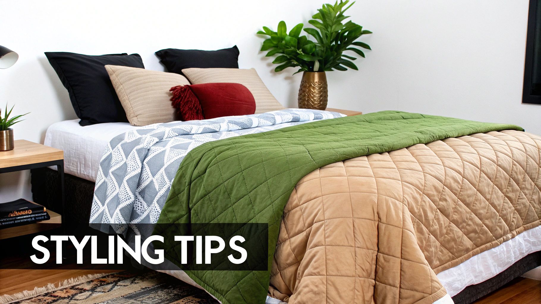 A stylish bed with layered bedding, including a green and tan quilted coverlet, pillows, and plants.