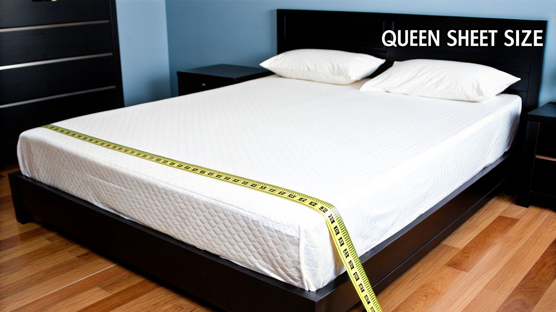 A queen-sized bed with a white mattress and pillows, being measured with a yellow tape.