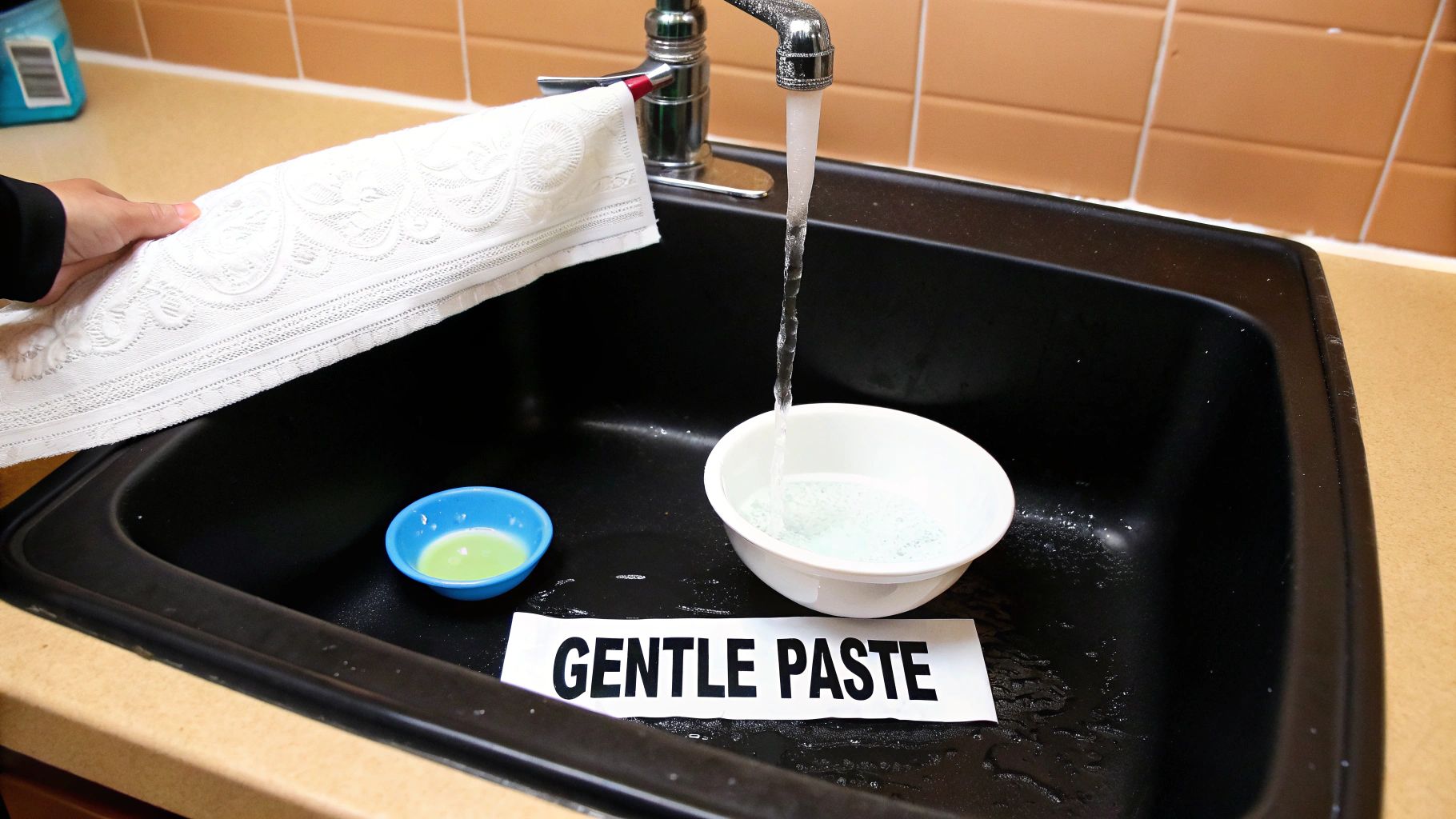A hand holds a white towel over a black kitchen sink where water runs into a bowl with bubbles, beside a small blue bowl with green liquid and a label 'GENTLE PASTE'.