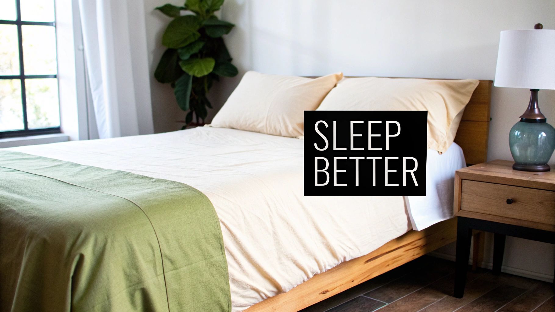 A neatly made bed with light cream organic cotton sheets, a green throw blanket, and a plant in a bright bedroom, with text overlay "SLEEP BETTER".
