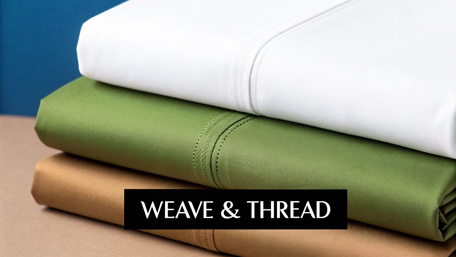 A stack of three neatly folded bed sheets in white, green, and brown colors, with visible stitching.