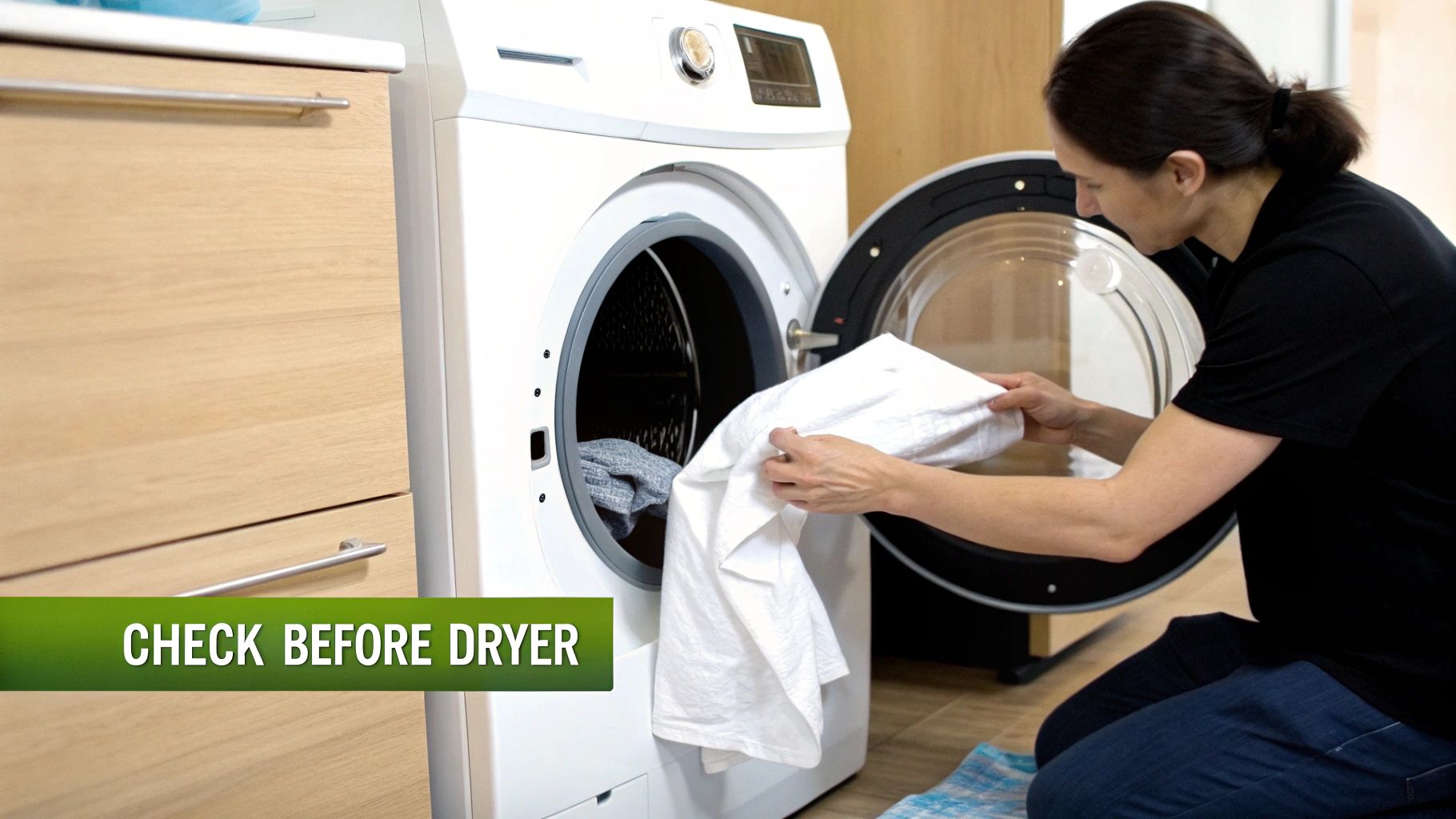 A person loads white laundry into a front-loading appliance, preparing items for drying.