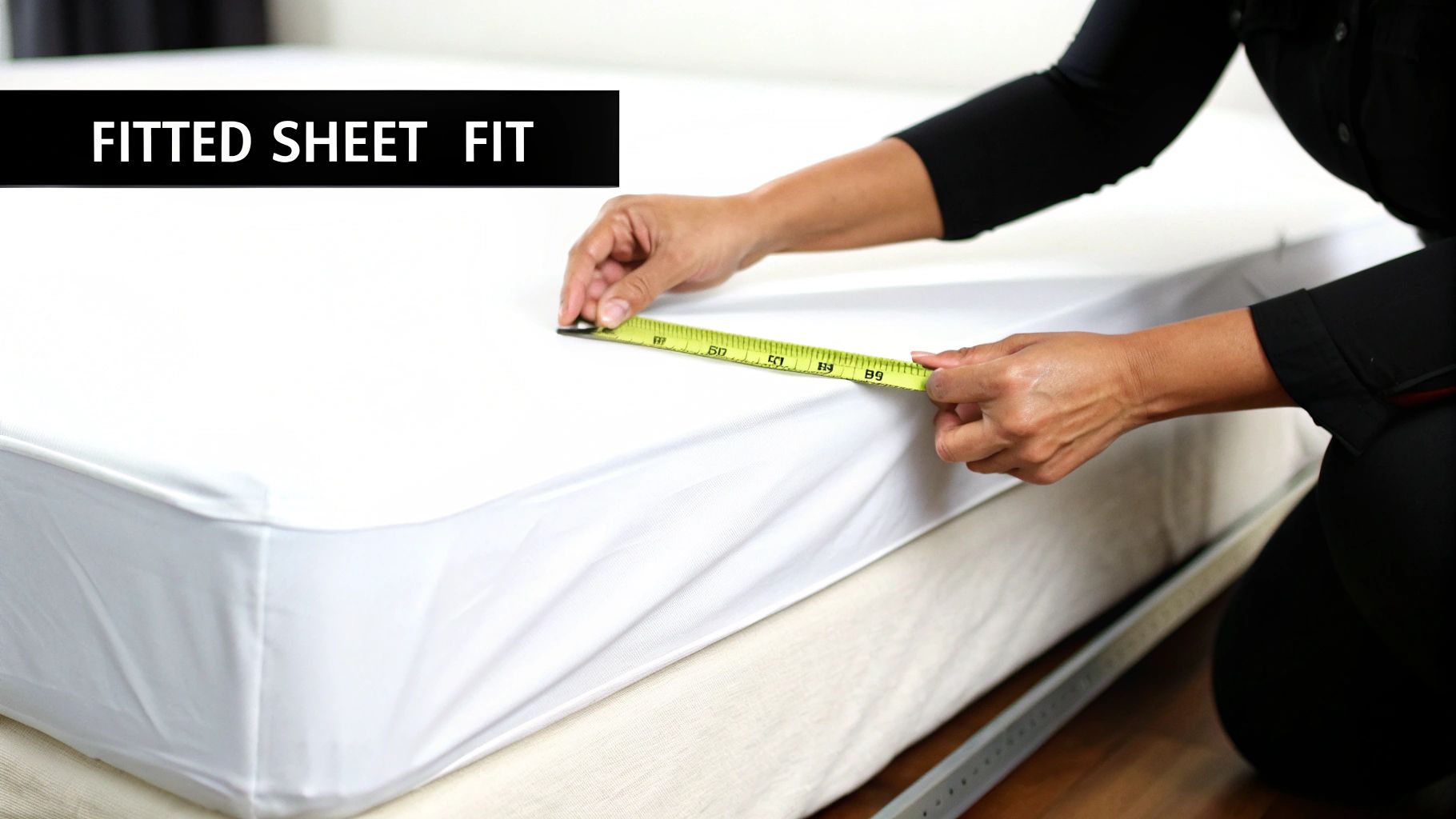 A person measuring the depth of a mattress with a measuring tape to find the right fitted sheet size.
