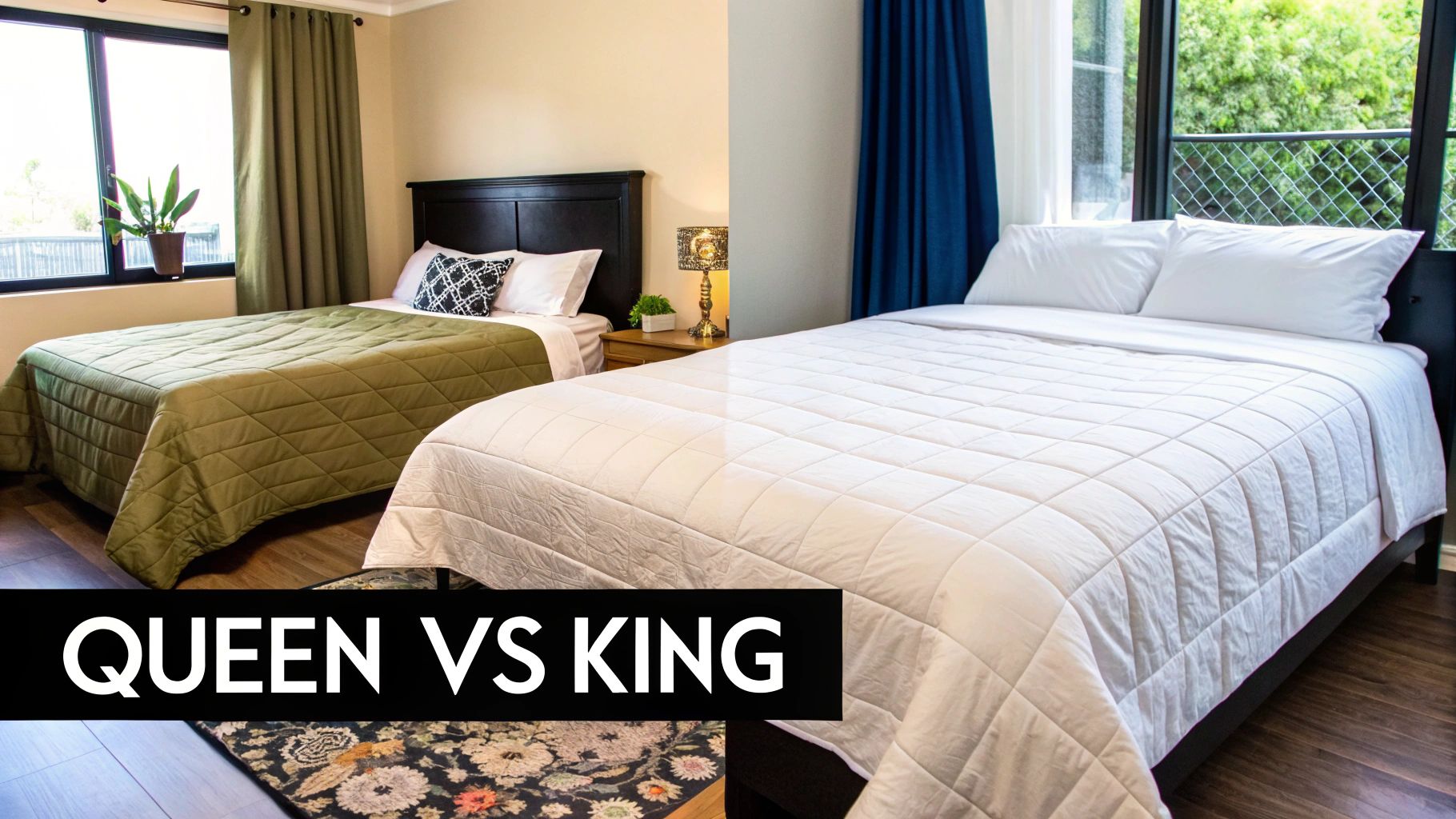 Split image comparing a queen bed with a green quilt and a king bed with a white quilt.