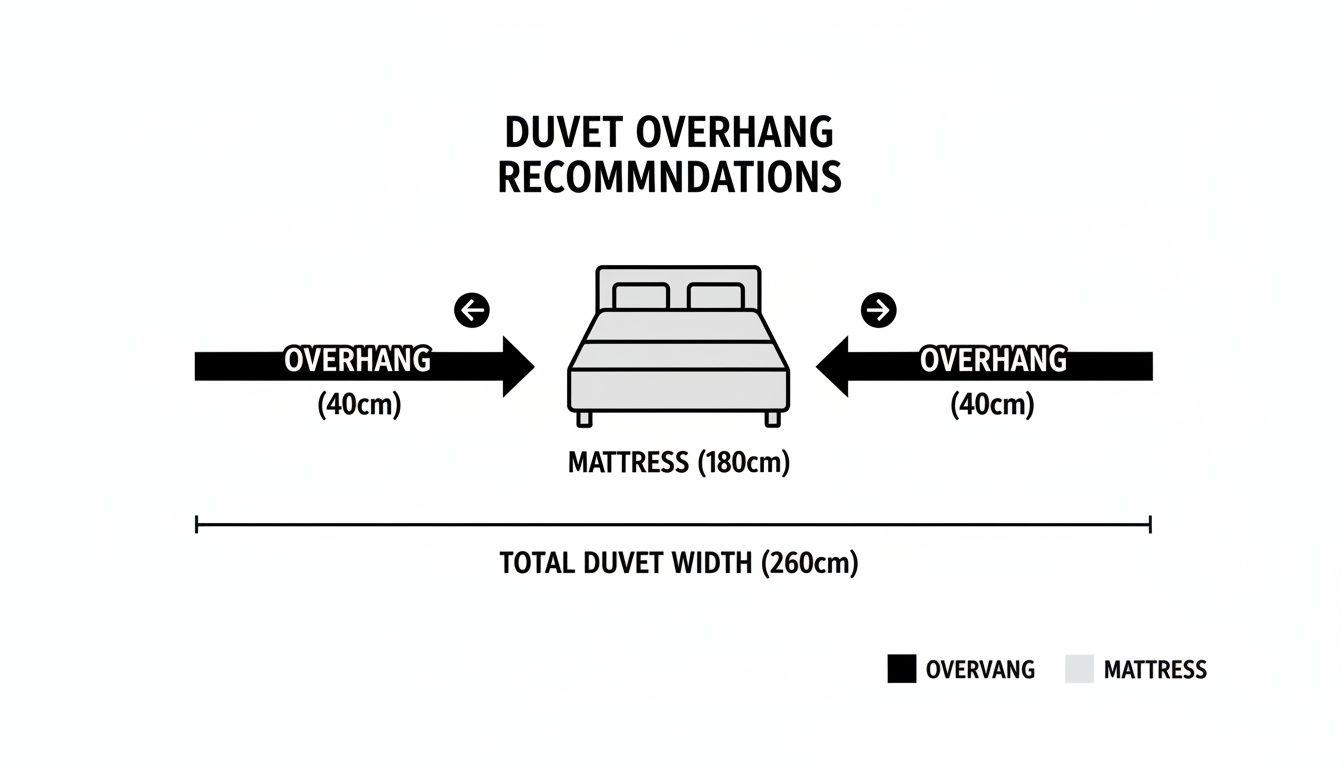 Diagram illustrating duvet overhang recommendations for a bed, showing mattress, overhang, and total duvet width measurements.