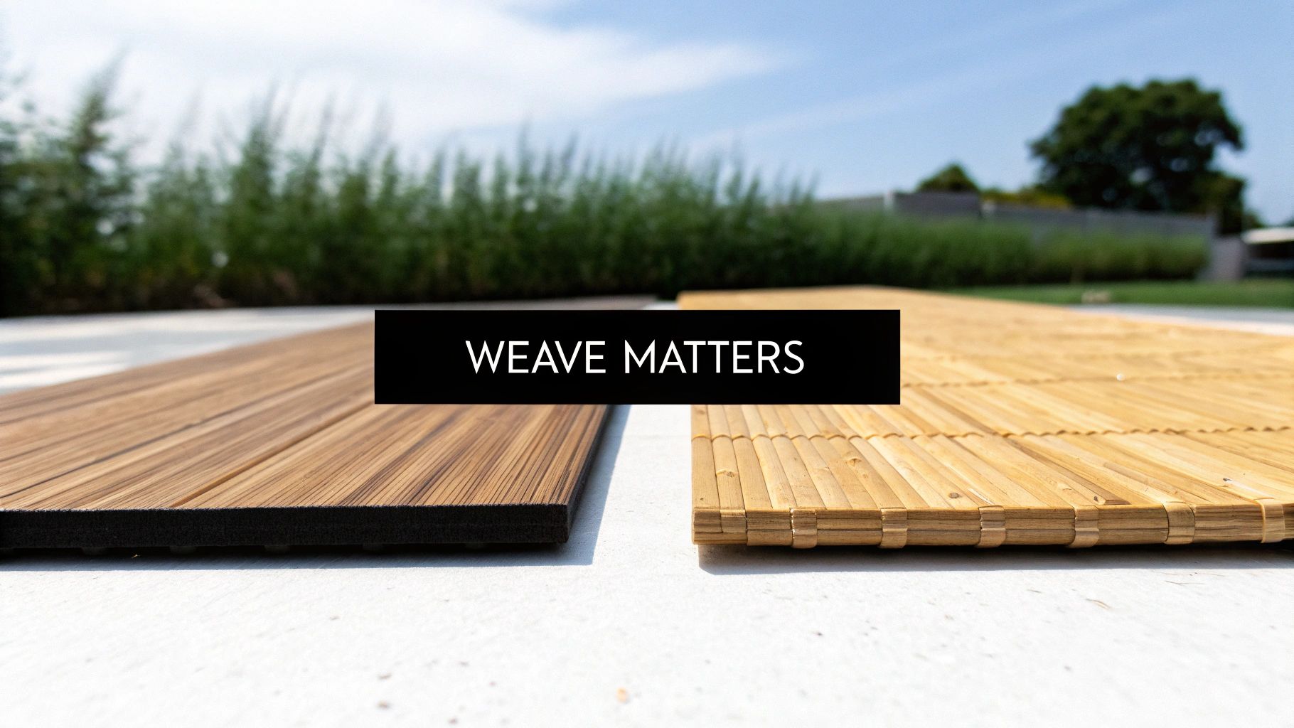 Side-by-side comparison of a smooth wood composite mat and a natural woven bamboo mat outdoors.
