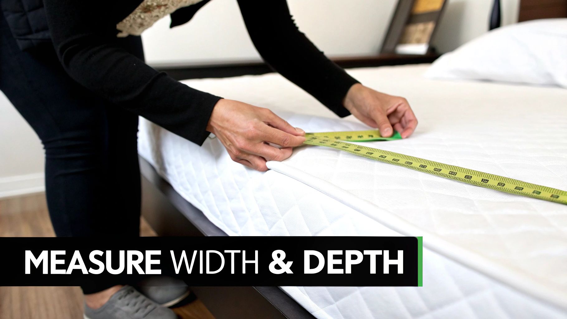 Hands hold a yellow tape measure across a white quilted mattress to determine its width and depth.