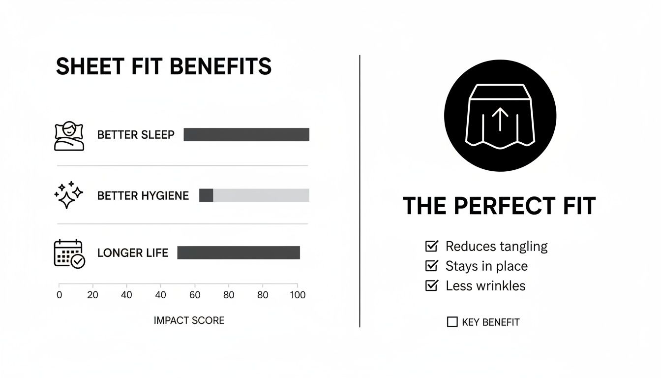 Infographic showing bed sheet fit benefits, including better sleep, hygiene, longer life, and perfect fit features.