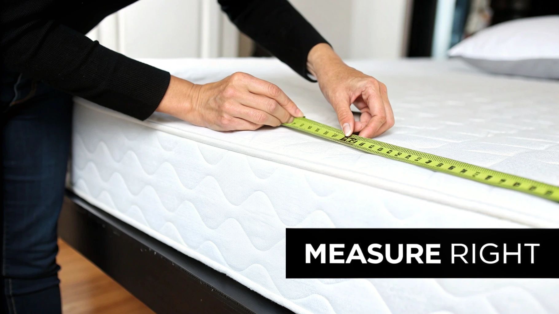 Close-up of hands accurately measuring the length of a white mattress with a green tape measure.