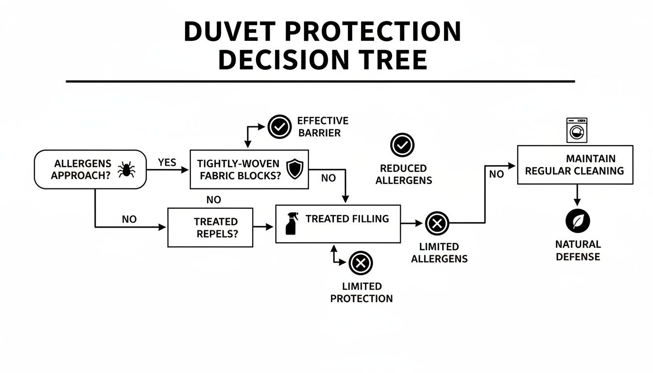 Decision tree illustrating strategies for duvet protection against allergens, including fabric barriers, treated filling, and regular cleaning.