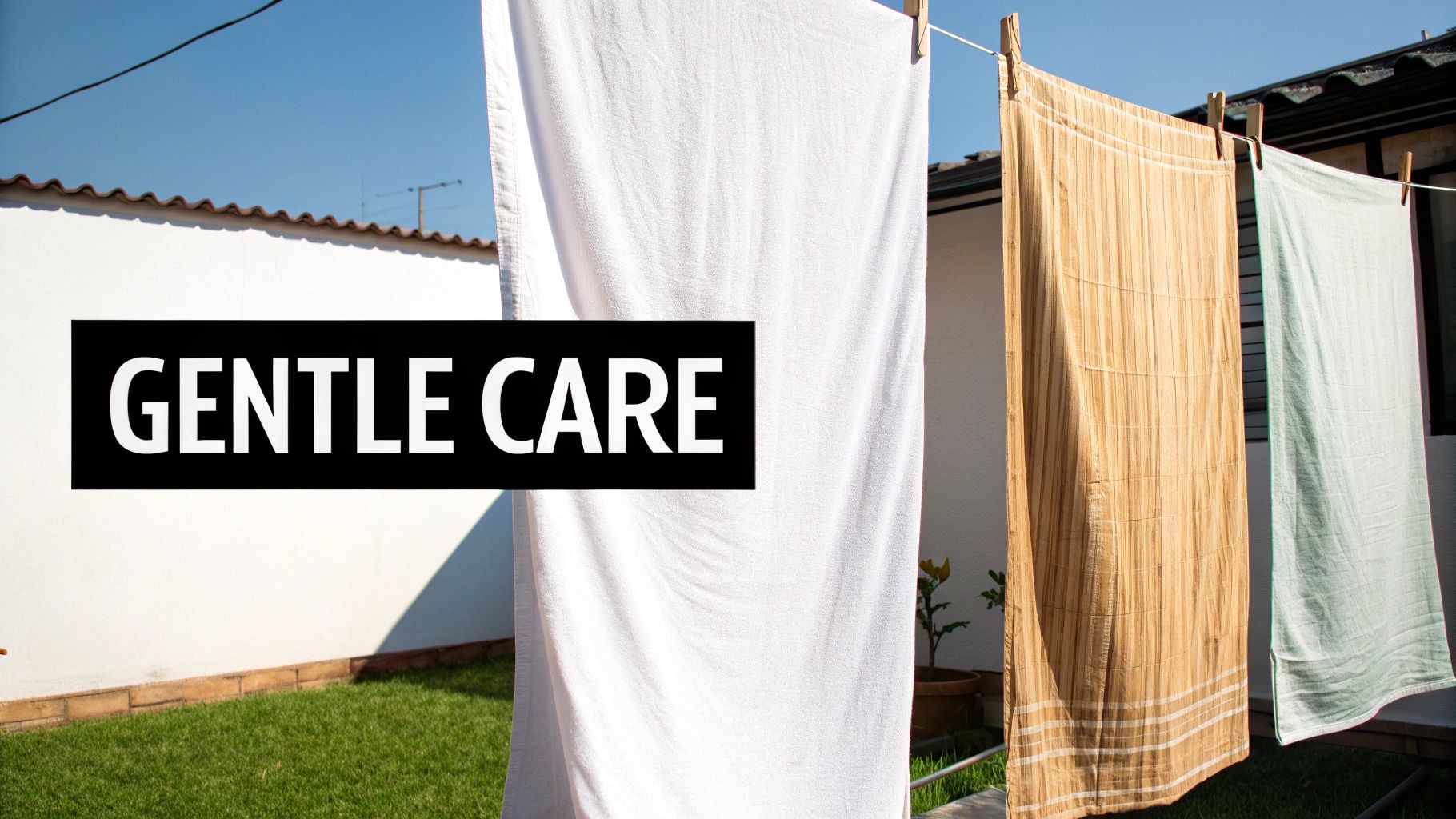 Several clean towels and sheets drying on a clothesline outdoors under a clear blue sky, with 'GENTLE CARE' text.