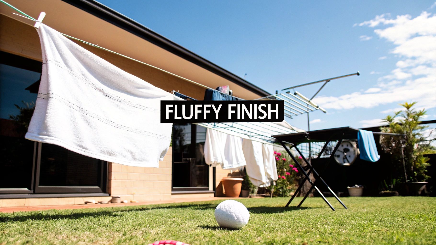 A white doona hanging on a clothesline outdoors on a sunny day.