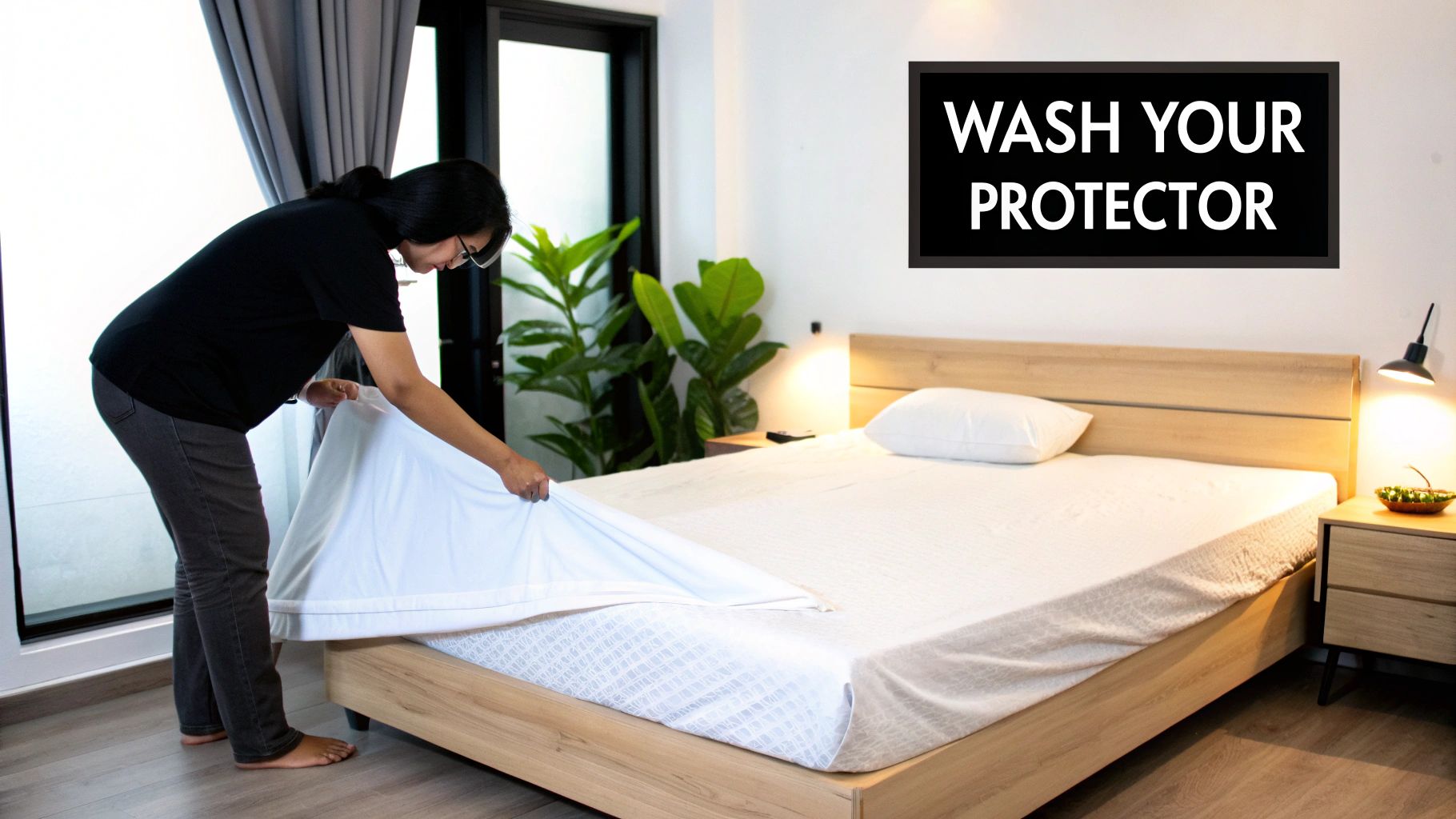 A person placing a white mattress protector onto a wooden bed frame in a modern bedroom.