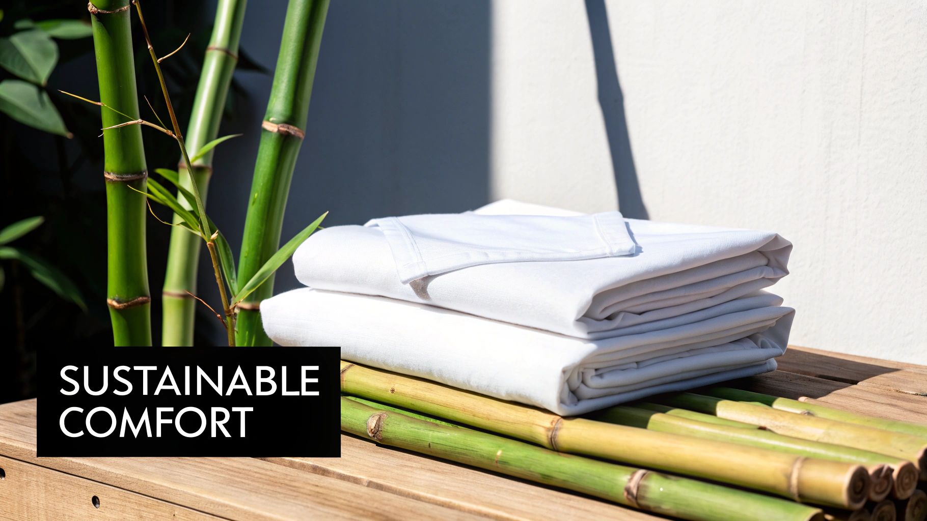 A stack of soft white, folded bamboo cotton sheets resting on a wooden surface with green bamboo stalks.