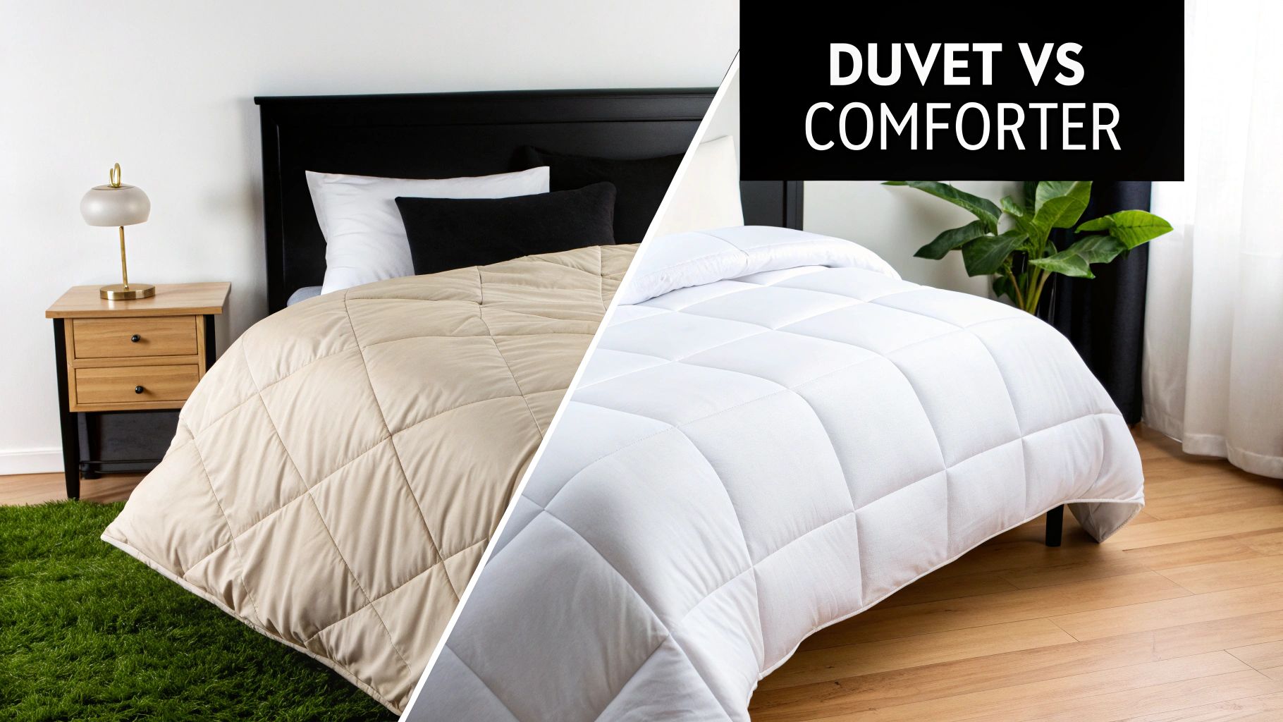 Side-by-side comparison of a beige duvet and a white comforter, with 'DUVET VS COMFORTER' text.