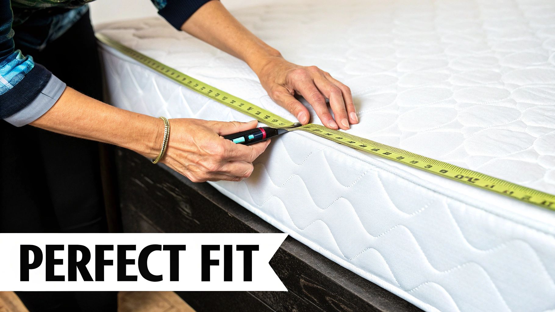 A person accurately measures the length of a white quilted mattress with a yellow tape measure.